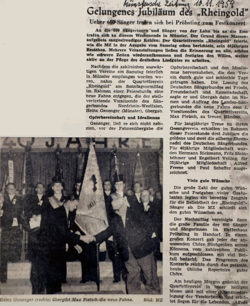 Zeitungsartikel der M&uuml;nsterischen Zeitung vom 10.11.1959 &uuml;ber das 40-j&auml;hrige Jubil&auml;um des Quartettvereins &sbquo;Rheingold&lsquo; M&uuml;nster 1919, inklusive der Fahnen&uuml;bergabe von Heinz Genenger an Max Pietsch.