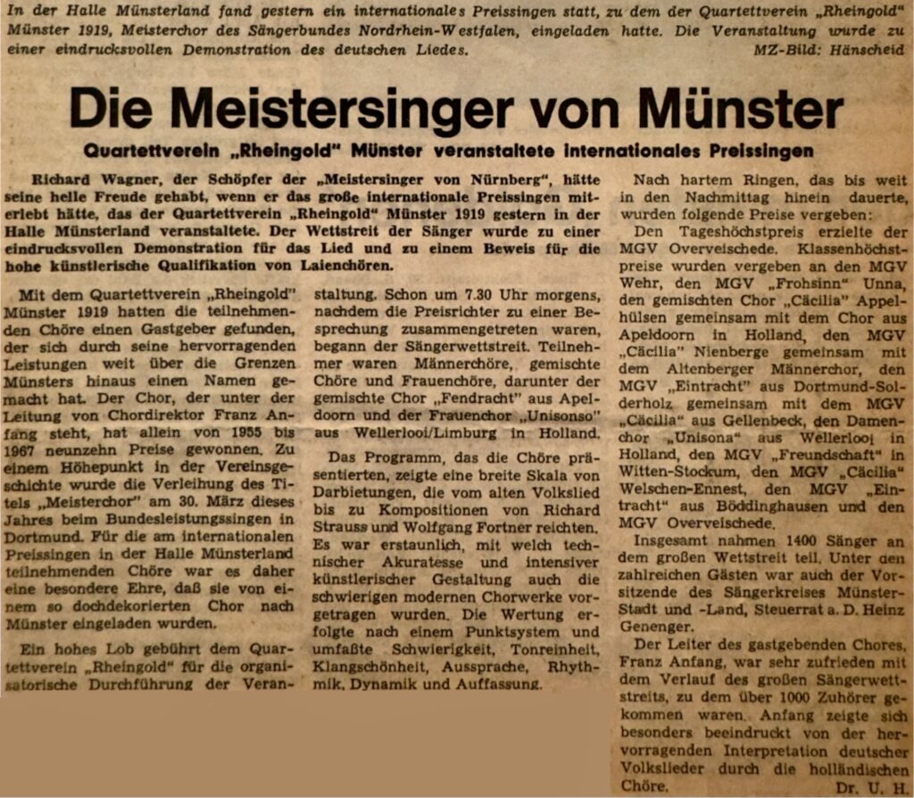 Zeitungsartikel aus Mai 1968 &uuml;ber das internationale Preissingen in M&uuml;nster, veranstaltet vom Quartettverein &sbquo;Rheingold&lsquo; M&uuml;nster 1919.