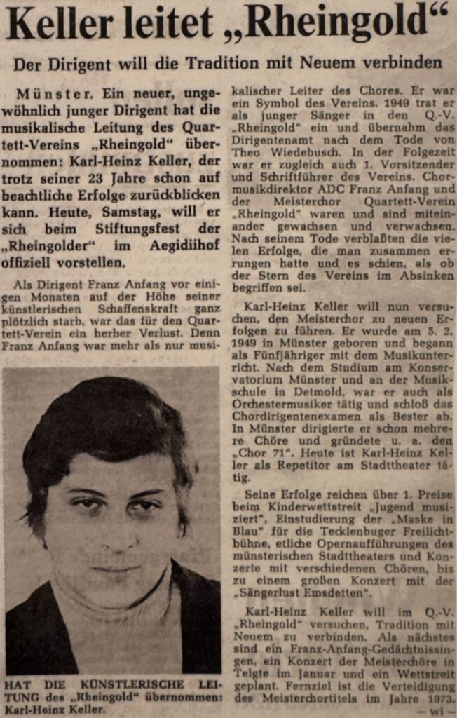 Zeitungsartikel aus dem Jahr 1971 &uuml;ber die Verpflichtung des neuen Chorleiters Karl-Heinz Keller f&uuml;r den Quartettverein &sbquo;Rheingold&lsquo; M&uuml;nster 1919.