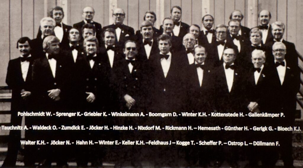 Vereinsfoto des Quartettvereins &sbquo;Rheingold&lsquo; M&uuml;nster 1919 zum 60-j&auml;hrigen Jubil&auml;um im Jahr 1979.