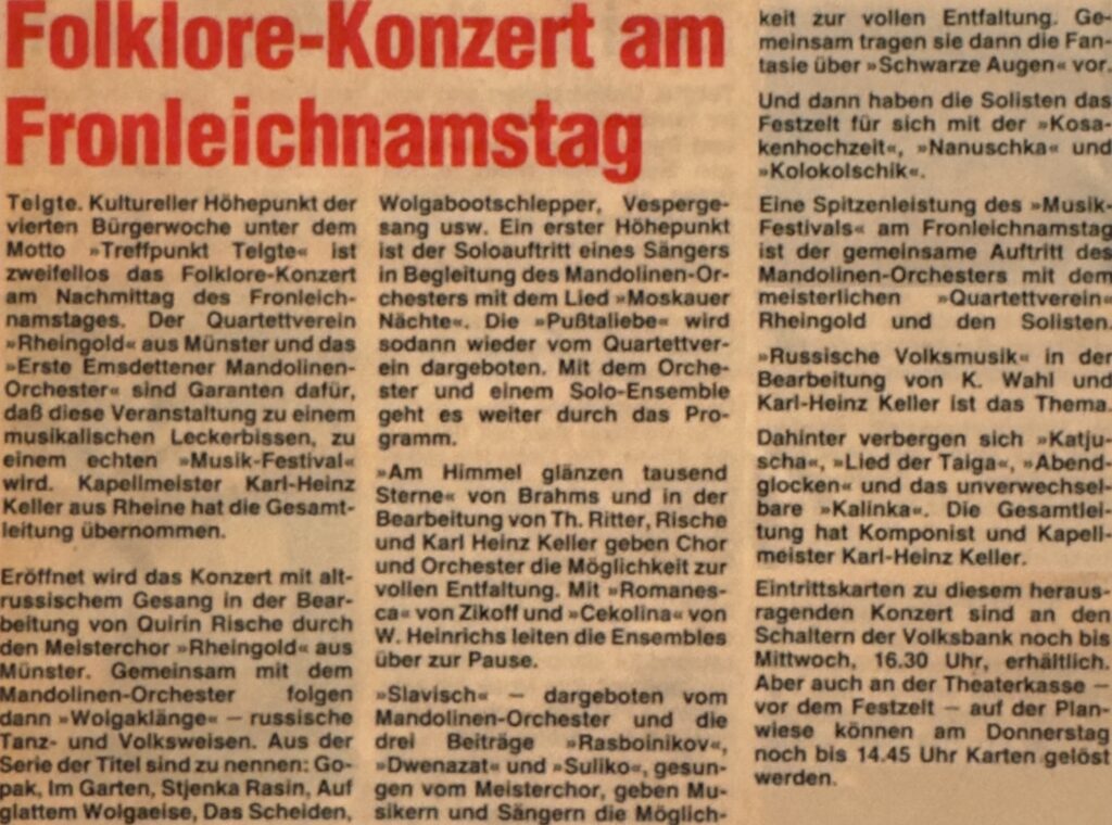Zeitungsartikel aus dem Jahr 1982 &uuml;ber das Folklore-Konzert des Quartettvereins &sbquo;Rheingold&lsquo; und des Mandolinenorchesters Emsdetten.