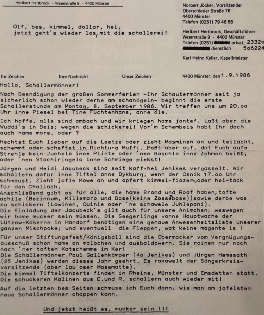 Einladung zur ersten Gesangsstunde nach der Sommerpause am 1. September 1986, verfasst von Heribert Heitbrock in Massematte.